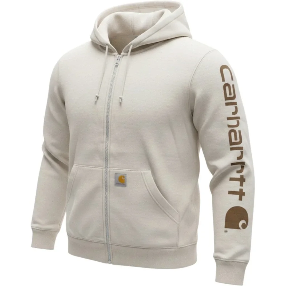 Carhartt Boys Cream Full Zip Hoodie Sleeve Logo Sweatshirt Size L 14-16